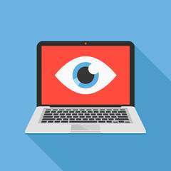 Laptop and eye icon. Internet surveillance, spyware, computer is watching you concepts. Flat design. Vector illustration - obrazy, fototapety, plakaty