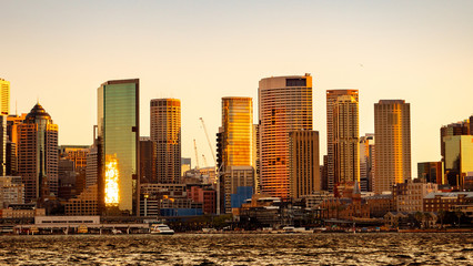 Sydney harbour skyline at golden sunset