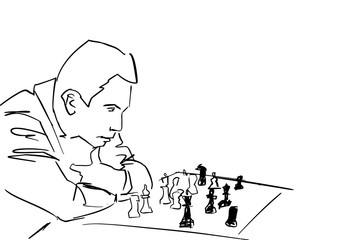 Fototapeta na wymiar Chess player thinks about the move in chess. Black drawing. Chessplayer profile, chess pieces on checkerboard. Simple isolated contour. Vector illustration.