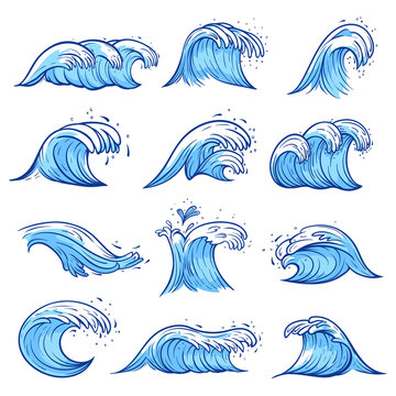 Sea waves set, blue marine and ocean nature