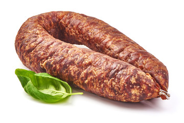 Smoked salami sausage, dried meat, close-up, isolated on white background
