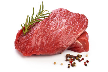 Fresh raw beef steak with rosemary, sliced meat, close-up, isolated on white background