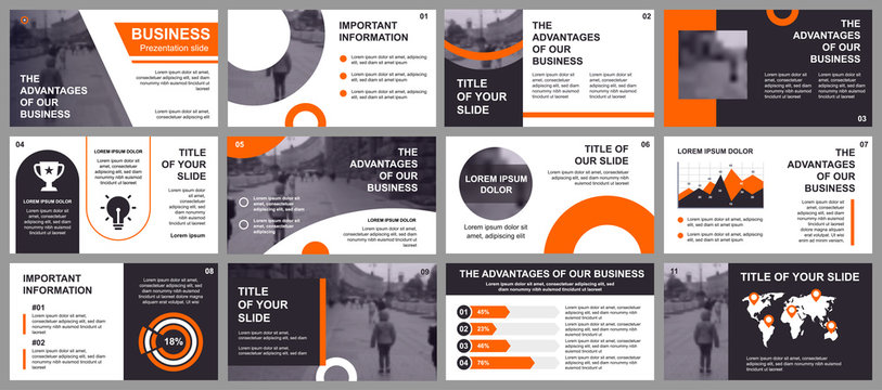 Business presentation slides templates from infographic elements. Can be used for presentation template, flyer and leaflet, brochure, corporate report, marketing, advertising, annual report, banner.