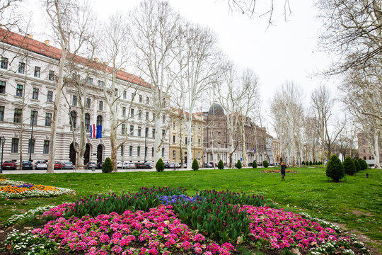 ZAGREB, CROATIA - APRIL, 2018: Cold early spring day at the beautiful Zrinjevac park the oldest of the lower town in Zagreb capital of Croatia