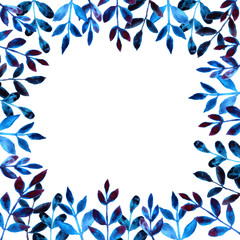 Fototapeta na wymiar Blue watercolor foliage frame on white background. Hand drawing cute leaves template.