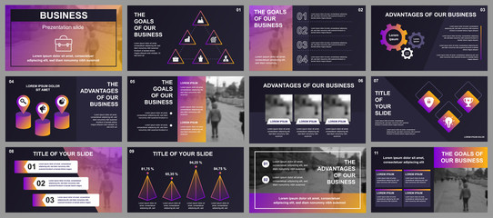 Business presentation slides templates from infographic elements. Can be used for presentation template, flyer and leaflet, brochure, corporate report, marketing, advertising, annual report, banner.