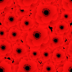 Poppy seamless pattern. Red poppies on black background. Can be uset for textile, wallpapers, prints and web design. Vector illustration