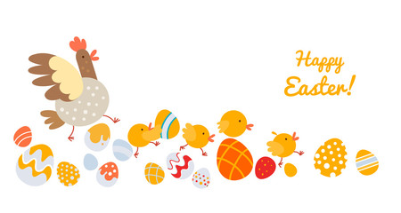 Easter chickens and eggs on white background banner poster design template