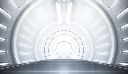 Futuristic white tunnel with light. Long corridor interior view. Future sci-fi background concept. 3D rendering.