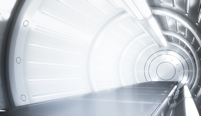 Futuristic white tunnel with light. Long corridor interior view. Future sci-fi background concept. 3D rendering.