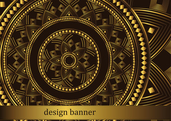 Golden mandala design on black background. Decorative floral template for greeting card, invitation or banner.