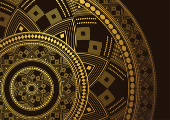 Golden mandala design on black background. Decorative floral template for greeting card, invitation or banner.