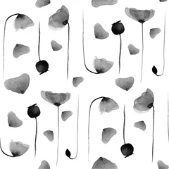 Behang Klaprozen Zwart-wit papaver naadloos patroon. Eindeloze achtergrond