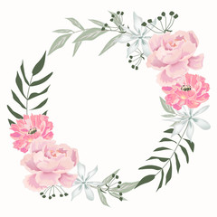 Isolated delicate floral wreath. Pink peonies,twigs.