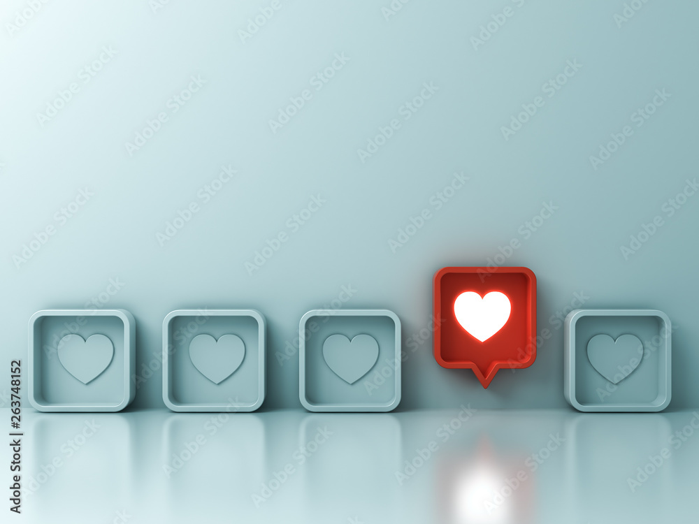 Poster One red social media notification love like heart pin icon pop up from others on light green pastel color wall background Stand out from the crowd and different creative idea concepts 3D rendering