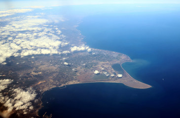 Fototapeta na wymiar View from an airplane of Turkey. Seacoast line with blue Mediterranean sea