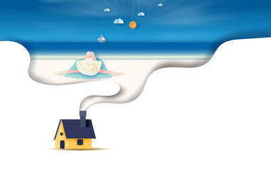 illustration of Rear view young women sexy wearing yellow hat and bikini  sunbathing on tropical Beach with house concept.Woman relaxing sleep on sea view.paper cut,craft summertime season.vector.