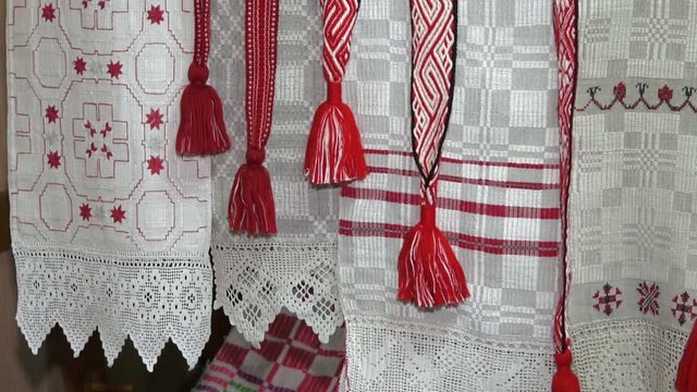 Traditional red and black patterns from the countryside. Hand woven fabric.