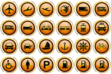Orange glossy transport vector icon set, airplane, train and other vehicles signs collection.
