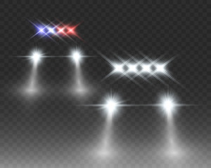 Realistic white glow round beams of car headlights, isolated on transparent background. Police car. Light from headlights. Police patrol.