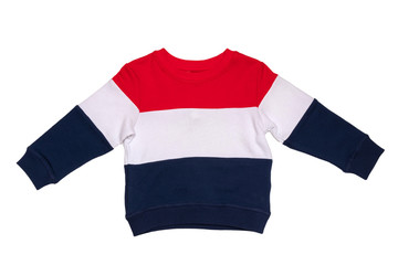 Spring and autumn children clothes. A red white blue striped cozy warm sweater or pullover isolated on a white background. Winter fashion for child boy.