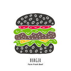 Dark beef burger with tomato, salad leaves, sesame and cheese hand drawn doodle poster. Fast food illustration. EPS 10 vector logo.