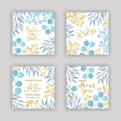 Wedding invitation card templates. Background of elegant blue eucalyptus, gypsophila branches. Save the date, Thank you hand-drawn lettering phrase. Golden glitter text. EPS 10 vector illustration.