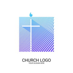 Church logo and christian symbols. Cross of the Savior Jesus Christ and geometric abstract symbols.