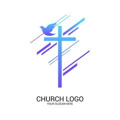 Church logo and christian symbols. Cross of the Savior Jesus Christ and geometric abstract symbols.