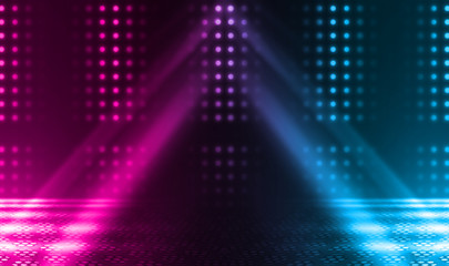 Empty background scene. Dark reflection of the street on the wet asphalt. Rays of neon light in the dark, neon figures, smoke. Night view of the street, the city. Abstract dark background.