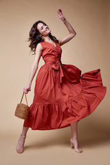 Pretty beautiful sexy elegance woman skin tan body fashion model glamor pose wear trend dress...
