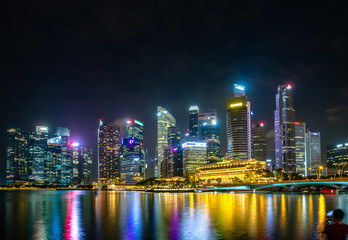 2019 February 28, Singapore - Cityscape night scenery of colorful the buildings in downtown.