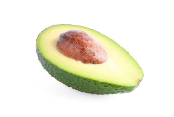 Ripe cut avocado isolated on white background. Vegetarian food