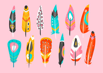 Various bright abstract feathers. Different shapes. Hand drawn vector set. Colorful trendy illustration. All elements are isolated. Pink background