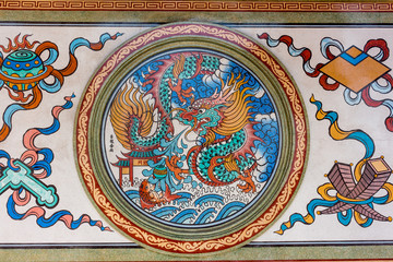 Ancient china painting on wall in thailand buddha temple.