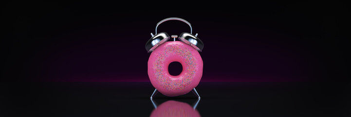  Breakfast time, donut with the shape of a clock. 3d rendering