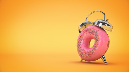  Breakfast time, donut with the shape of a clock. 3d rendering