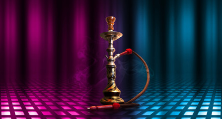 Hookah, smoke on a dark abstract background. Background of empty scenes with multicolored neon lights, reflection of night lights on wet pavement