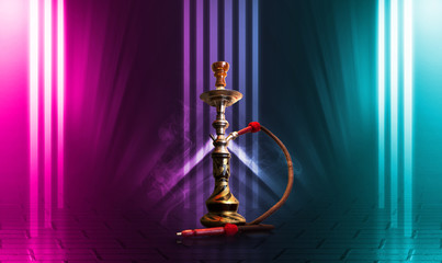 Hookah, smoke on a dark abstract background. Background of empty scenes with multicolored neon lights, reflection of night lights on wet pavement