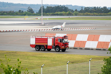 Fire truck on landing lane airport