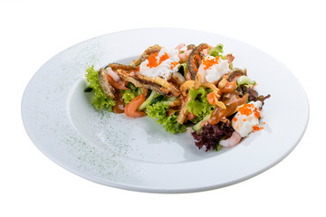 Salad with salmon belly, shrimp and poached egg. On white background