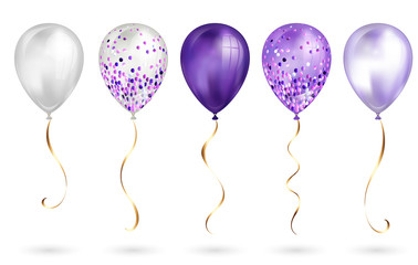 Set of 5 shiny purple realistic 3D helium balloons for your design. Glossy balloons with glitter and gold ribbon, perfect decoration for birthday party brochures, invitation card or baby shower