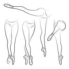 Collection. Silhouette of beautiful slender female legs in pointe. Duvushka is a ballerina, a lady dances, stands, makes ballet figures. Vector illustration set