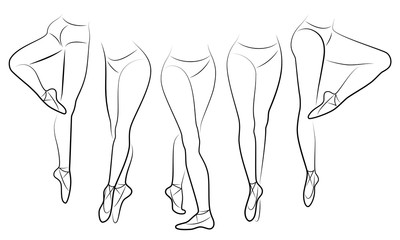 Collection. Silhouette of beautiful slender female legs in pointe. Duvushka is a ballerina, a lady dances, stands, makes ballet figures. Vector illustration set © Nataliia