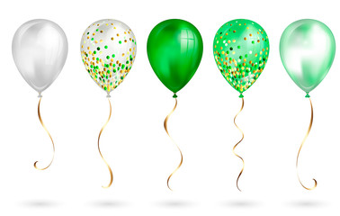 Set of 5 shiny green realistic 3D helium balloons for your design. Glossy balloons with glitter and gold ribbon, perfect decoration for birthday party brochures, invitation card or baby shower