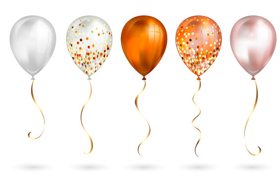 Set of 5 shiny orange and gold realistic 3D helium balloons for your design. Glossy balloons with glitter and gold ribbon, perfect decoration for birthday party brochures, invitation card 