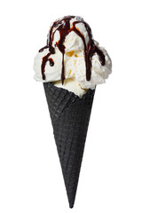 black cone, wafer cup with scoops of ice cream poured chocolate glaze is isolated on white background