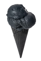 black cone, waffle cup with scoops of black ice cream is isolated on white background