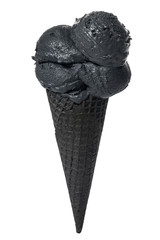 black cone, wafer cup with scoops of black ice cream is isolated on white background