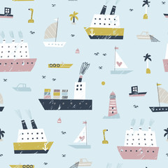 Seamless vector pattern with hand drawn sea ships and seagulls. Summer bright background for fabric design. Scandinavian style.